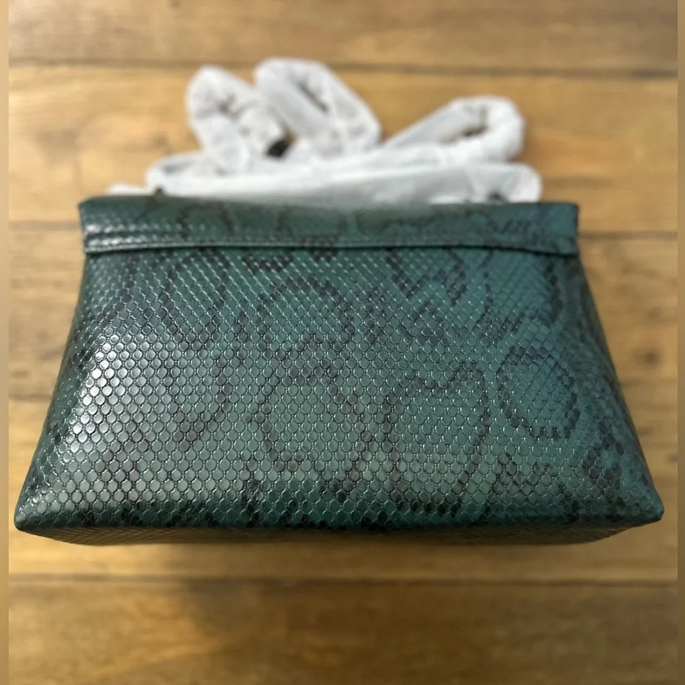 NICOLE MILLER Green Snakeskin Embossed Foldover Clutch with  Black Chain Strap